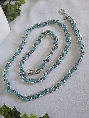 Silver Chain Link Fashion Belt with Turquoise Blue Suede Cord Accent One Size